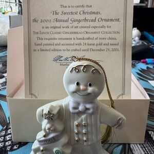 2001 Lenox White and Gold Gingerbread w Tree Porcelain Ornament